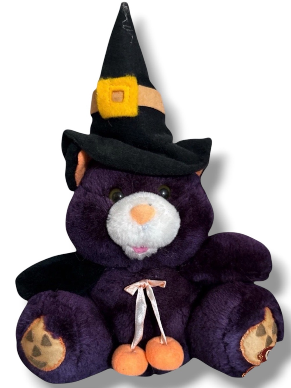 Vintage Purple Halloween Black Bear Plush Witch Hat Pumpkin Stuffed Animal